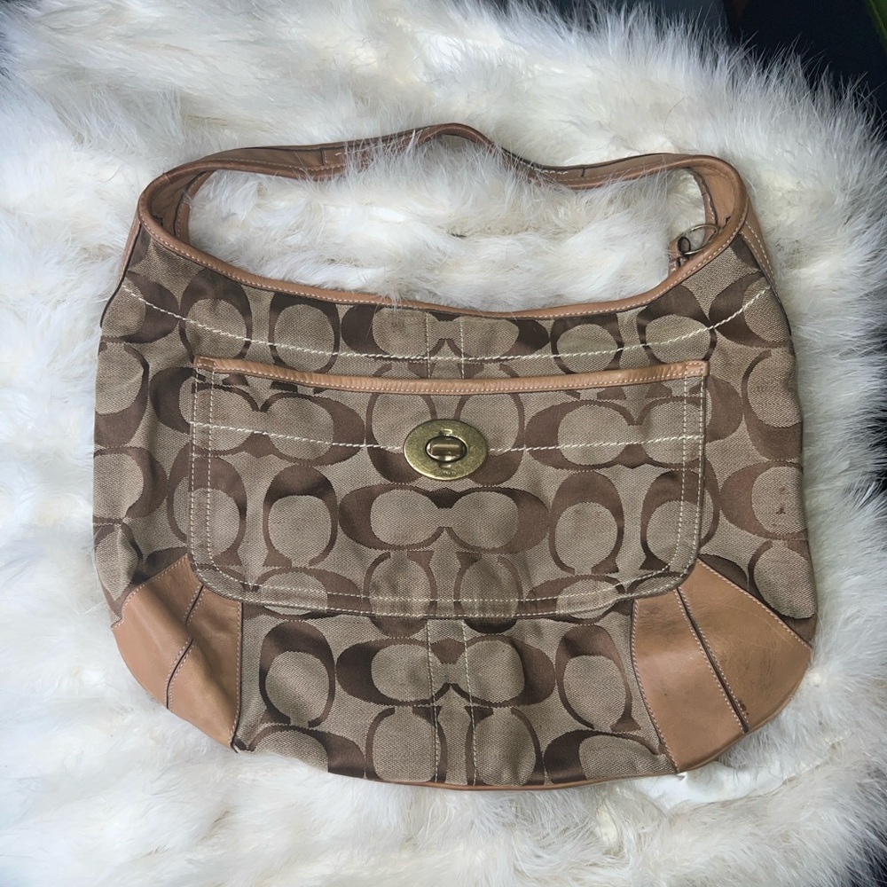 $ FIRM Y2K Vintage Coach Brown Tan Khaki Signature Canvas Shoulder Leather Bag